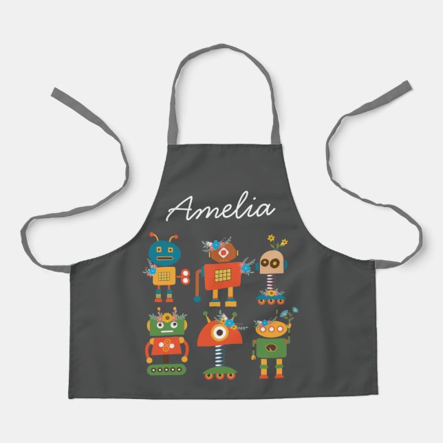 Cute robots colourful kids art or cooking apron (Front)