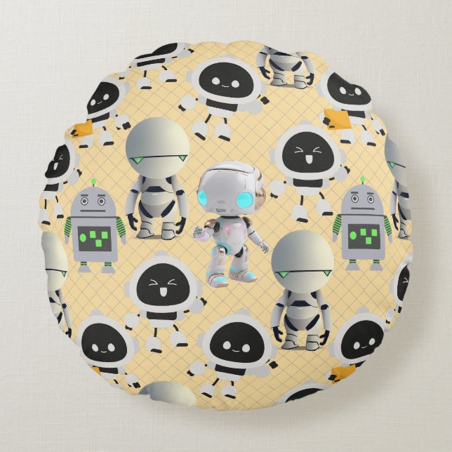 Cute Robots Pattern. CUTERB01.LOrange BG Round Cushion (Front)