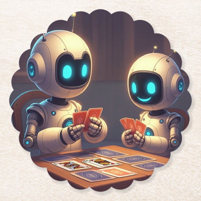 Cute Robots Playing Card Game Paper Coaster (Front)
