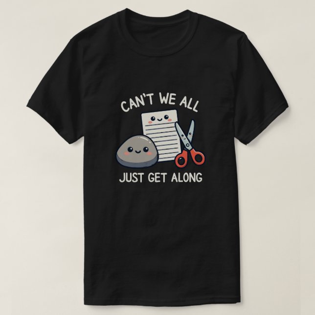 Cute Rock Paper Scissors Just Get Along Funny Game T-Shirt (Design Front)