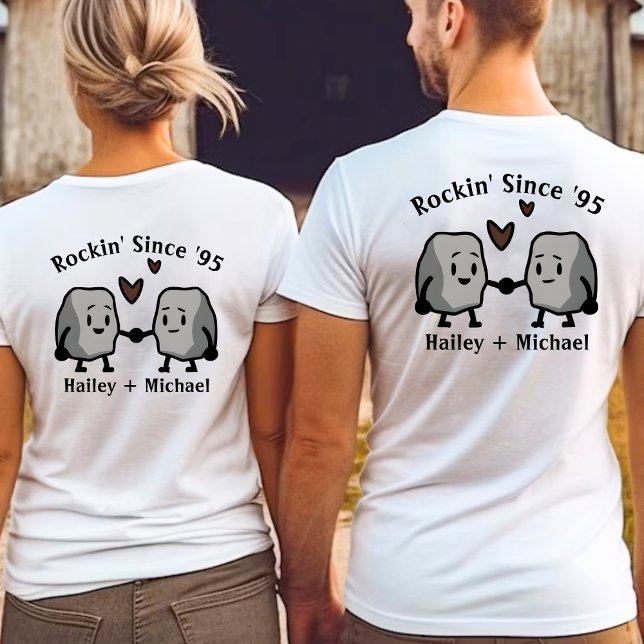 Cute Rock Pun Newlywed Couple Wedding Anniversary T-Shirt (cute, funny rock pun "rockin' since '95" newlywed couple anniversary white t-shirt)
