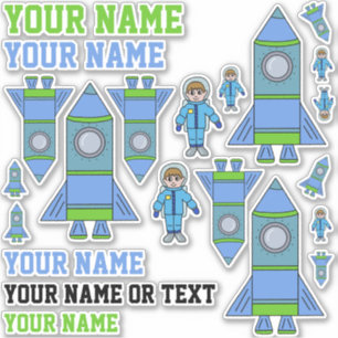 Cute Rocket Astronaut Blue Green Drawing Kids