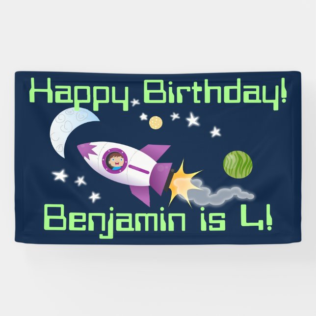 Cute rocket ship in space cartoon illustration banner (Horizontal)