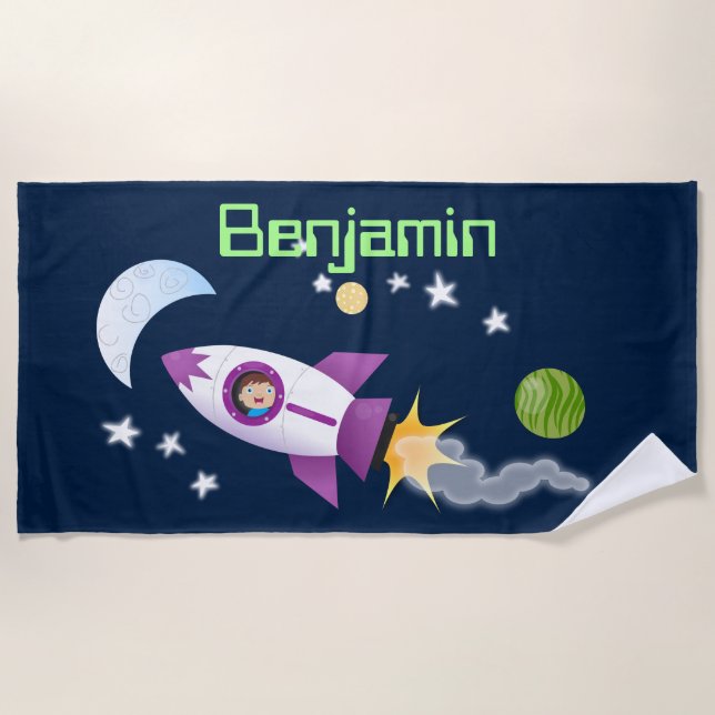 Cute rocket ship in space cartoon illustration beach towel (Front)