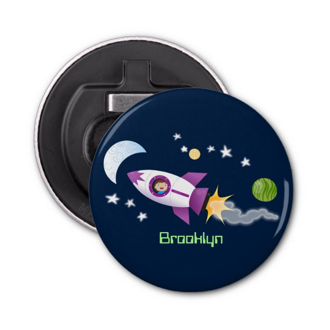 Cute rocket ship in space cartoon illustration bottle opener (Front)