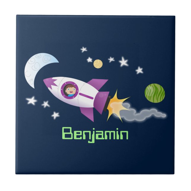 Cute rocket ship in space cartoon illustration ceramic tile (Front)