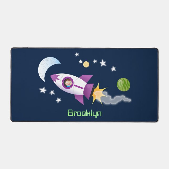 Cute rocket ship in space cartoon illustration desk mat (Front)