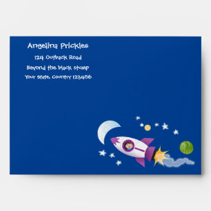 Cute rocket ship in space cartoon illustration envelope