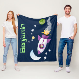 Cute rocket ship in space cartoon illustration fleece blanket