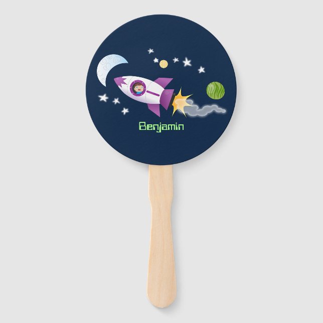 Cute rocket ship in space cartoon illustration hand fan (Front)
