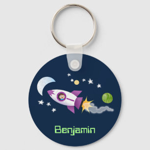 Cute rocket ship in space cartoon illustration key ring