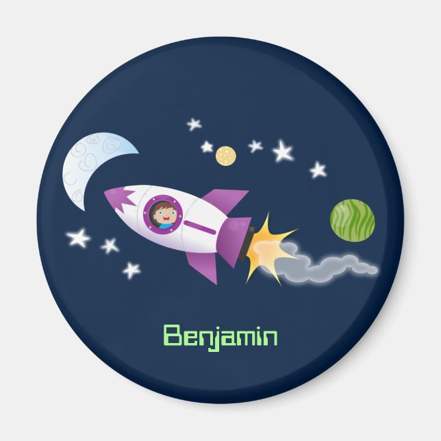 Cute rocket ship in space cartoon illustration magnet (Front)