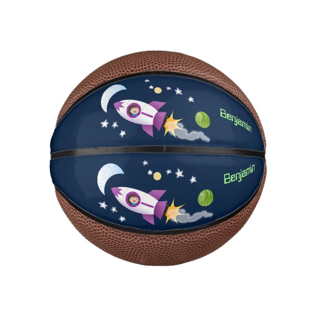 Cute rocket ship in space cartoon illustration mini basketball (Front)