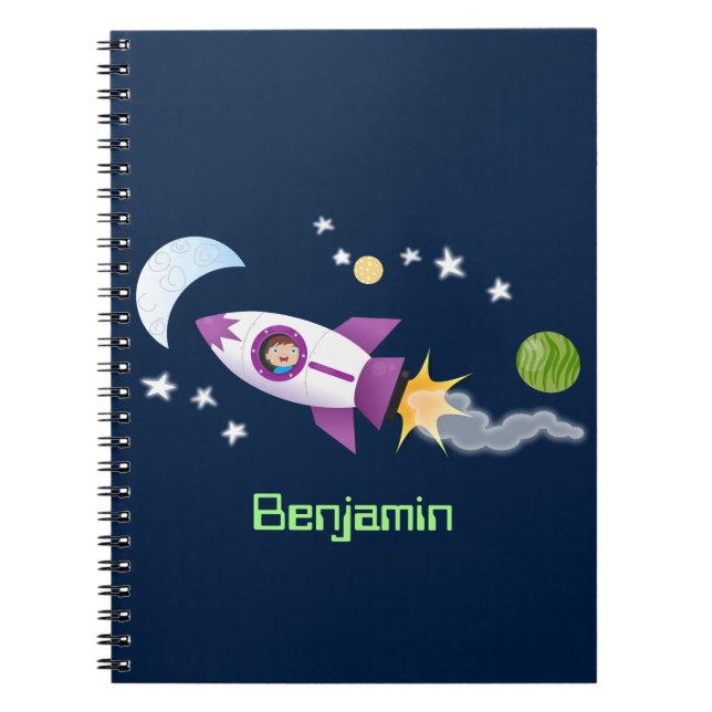 Cute rocket ship in space cartoon illustration notebook (Front)