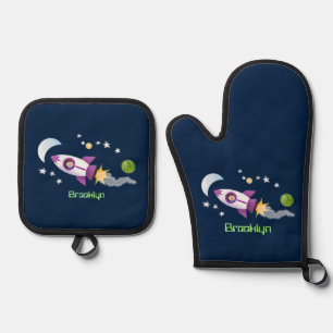 Cute rocket ship in space cartoon illustration oven mitt & pot holder set