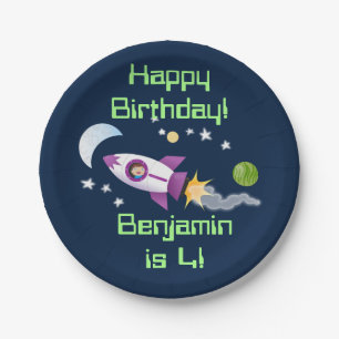 Cute rocket ship in space cartoon illustration paper plate