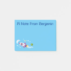 Cute rocket ship in space cartoon illustration post-it notes