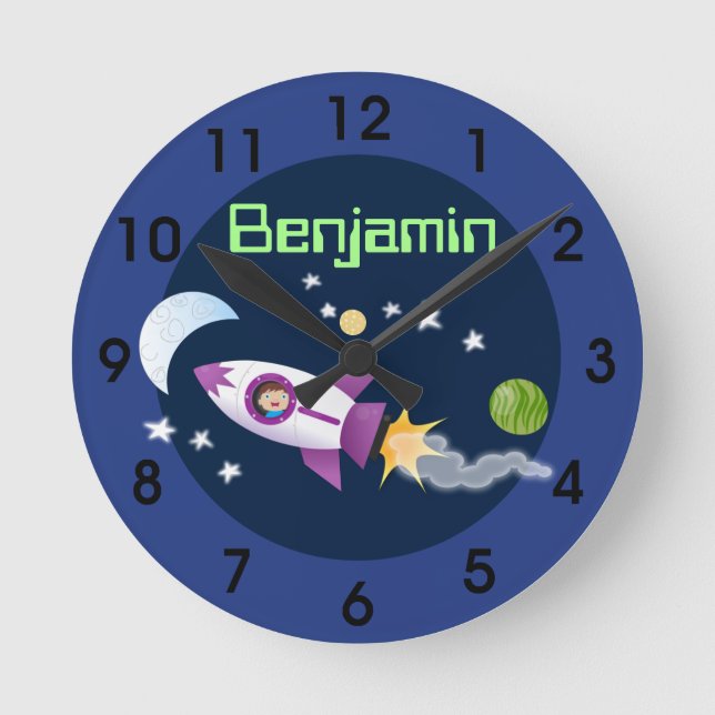 Cute rocket ship in space cartoon illustration round clock (Front)