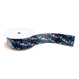 Cute rocket ship in space cartoon illustration satin ribbon