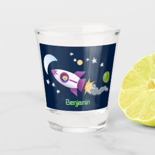 Cute rocket ship in space cartoon illustration shot glass