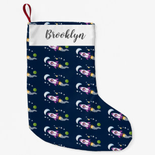 Cute rocket ship in space cartoon illustration small christmas stocking
