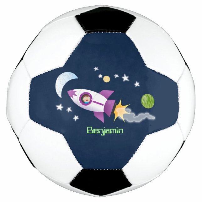 Cute rocket ship in space cartoon illustration soccer ball (Front)
