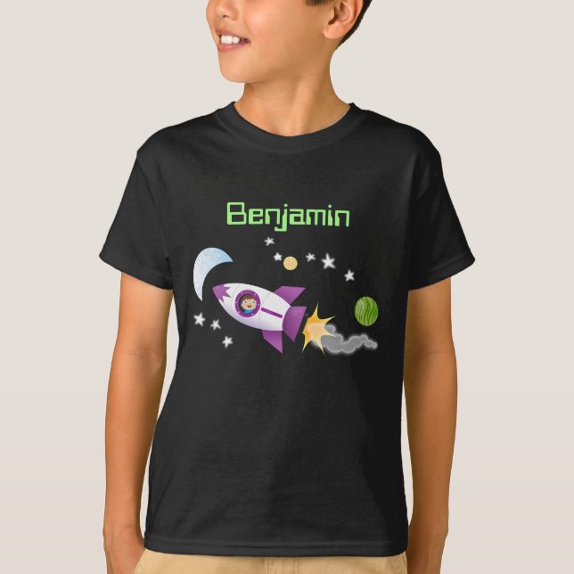 Cute rocket ship in space cartoon illustration T-Shirt (Front)