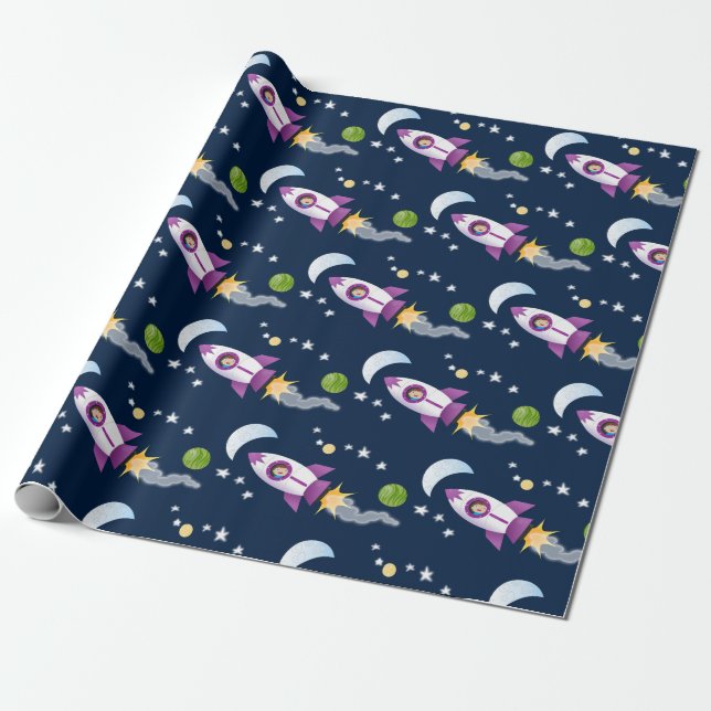 Cute rocket ship in space cartoon illustration wrapping paper (Unrolled)