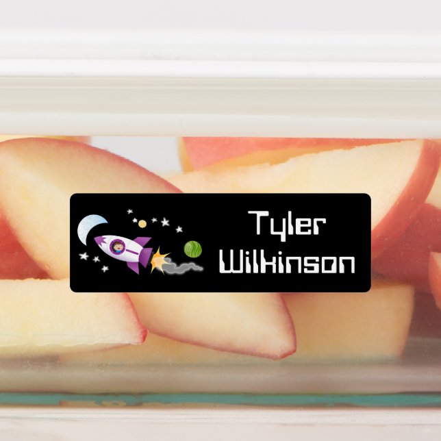 Cute rocket ship in space cartoon personalised (Affixed)