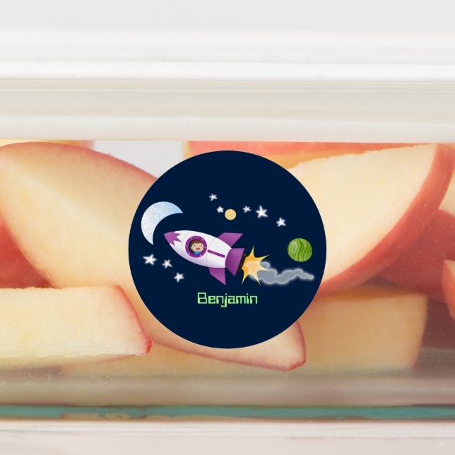 Cute rocket ship in space cartoon personalised (Affixed)