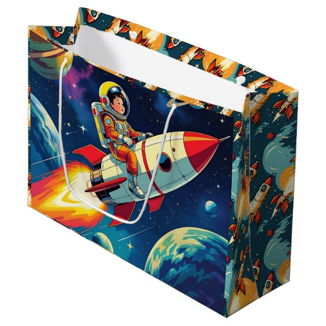 Cute Rockets in Space Astronaut Birthday Large Gift Bag (Front Angled)
