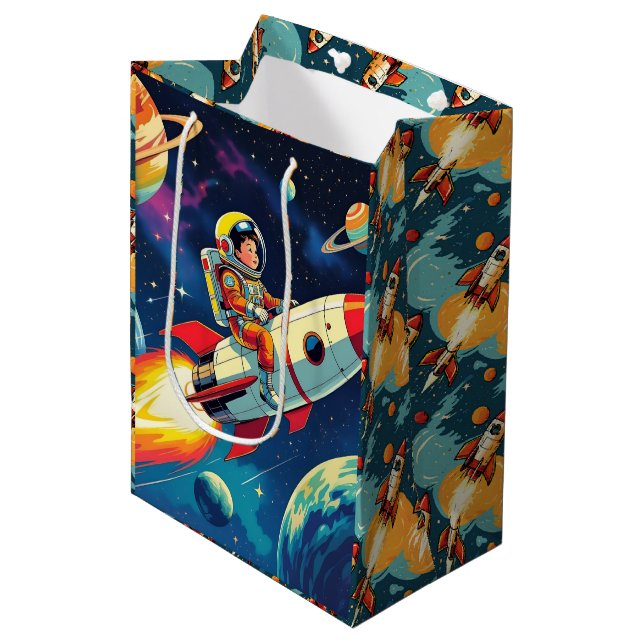 Cute Rockets in Space Astronaut Birthday Medium Gift Bag (Front Angled)