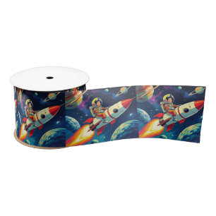 Cute Rockets in Space Astronaut Birthday Satin Ribbon