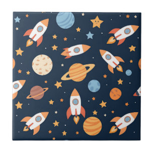 Cute Rockets Planets Space Pattern Ceramic Tile