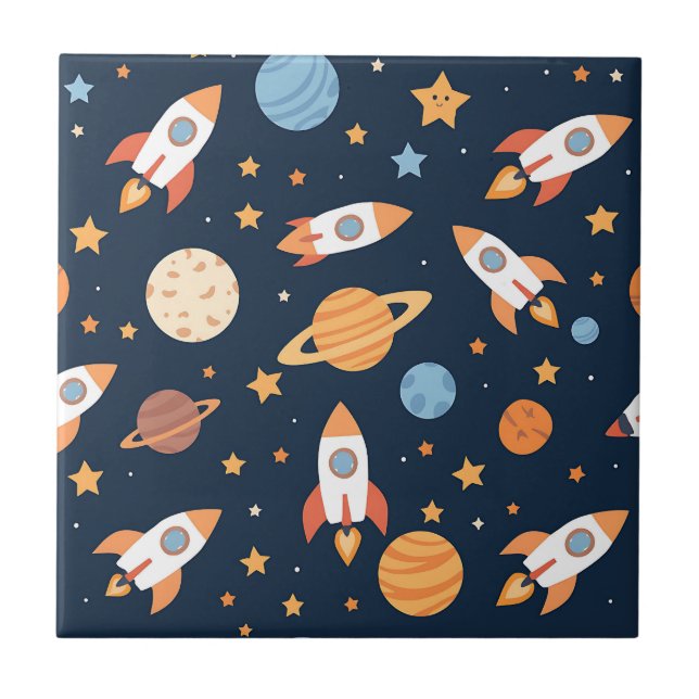 Cute Rockets Planets Space Pattern Ceramic Tile (Front)