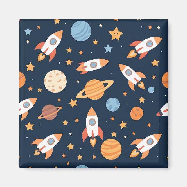 Cute Rockets Planets Space Pattern Magnet (Front)