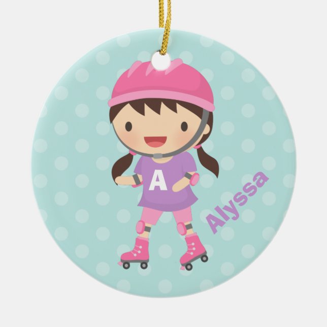 Cute Roller Skater Girl in Pink and Purple Ceramic Tree Decoration (Front)