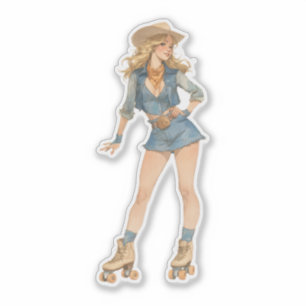 Cute Roller Skating Woman in Denim Skirt