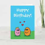 Cute Romantic Cartoon Egg Happy Birthday Card<br><div class="desc">This cute birthday card features a colourful vector illustration with two cartoon Easter eggs in love. The male egg is orange in colour, and the female egg pale pink with a yellow bow on her head. They are gazing at each other with happy expressions, while three red hearts float above...</div>