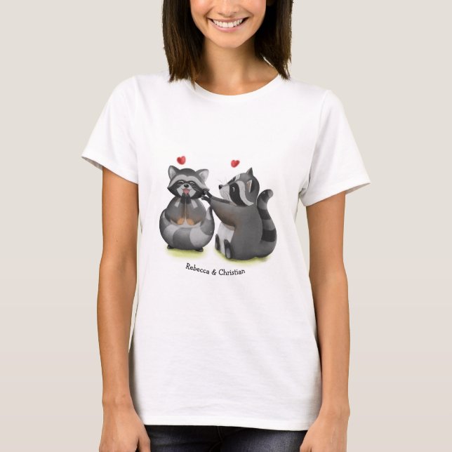 Cute Romantic Cartoon Racoon Couple T-Shirt (Front)
