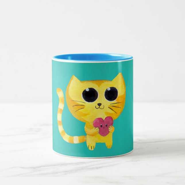 Cute Romantic Cat with Smiling Heart Two-Tone Coffee Mug (Center)