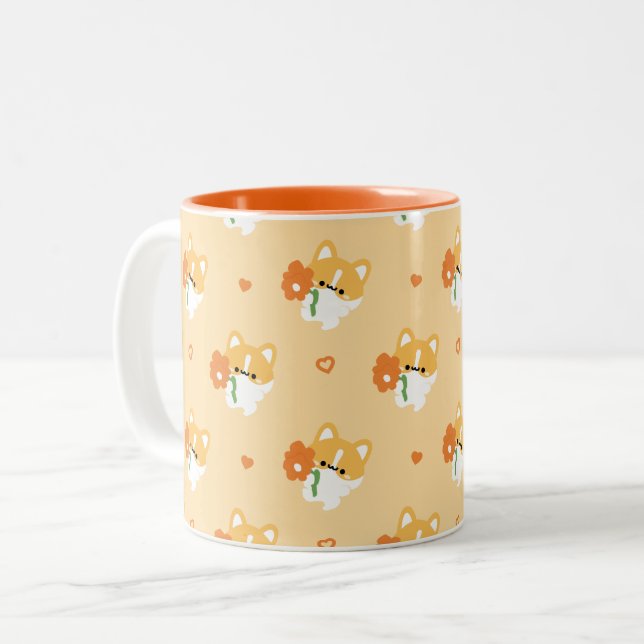 Cute Romantic Corgi Puppy Two-Tone Coffee Mug (Front Left)