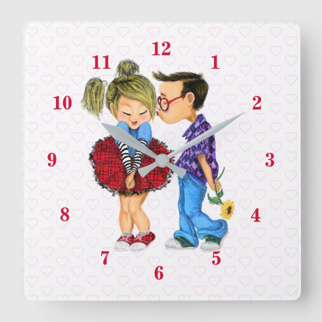 Cute Romantic Couple - Love Hearts - Kiss Square Wall Clock (Front)