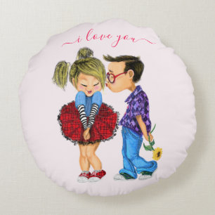 Cute Romantic Couple - Love - I Love You - Kiss Round Cushion