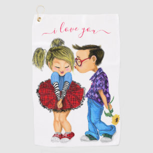 Cute Romantic Couple - Love - Valentine's Day Kiss Golf Towel