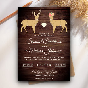 Cute Romantic Deers Rustic Wood Wedding Invitation