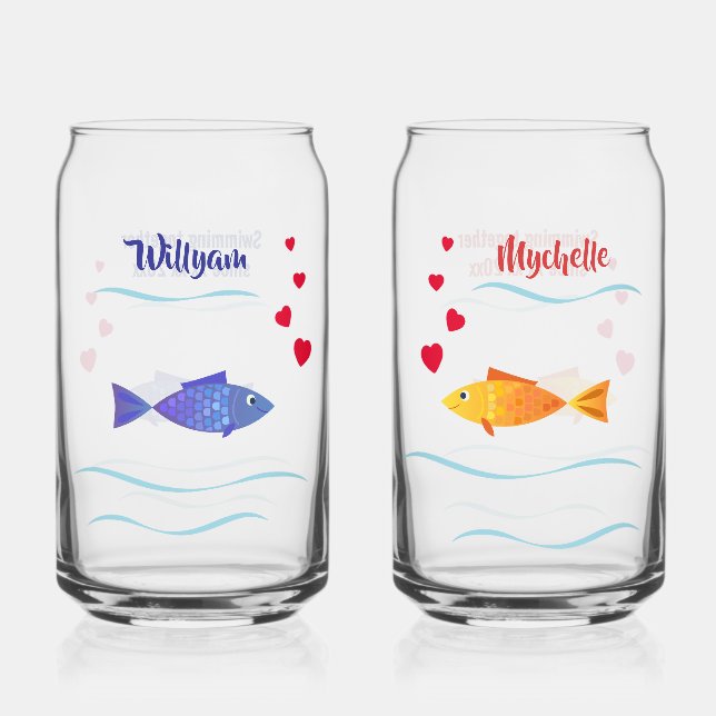Cute Romantic Fish Custom Names and Date Can Glass (Front)