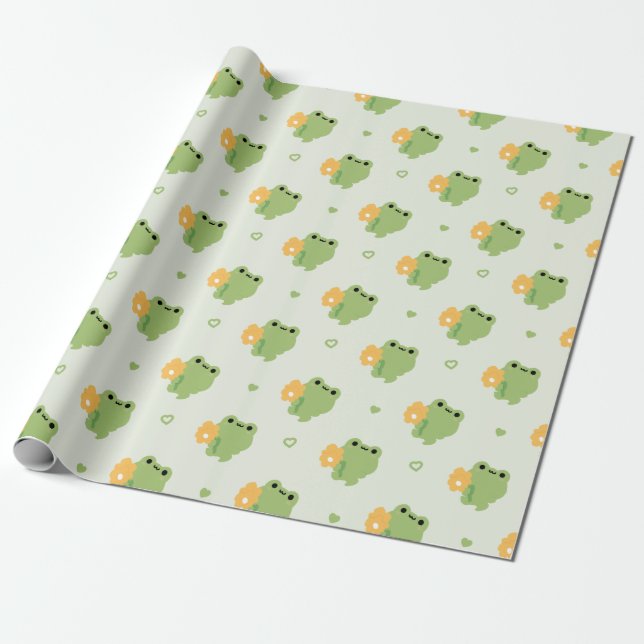 Cute Romantic Frog Wrapping Paper (Unrolled)