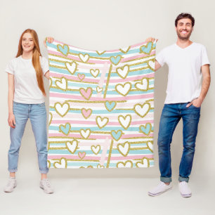 Cute Romantic Hearts and Pastel Stripes Gold Fleece Blanket