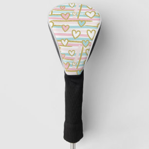 Cute Romantic Hearts and Pastel Stripes Gold Golf Head Cover